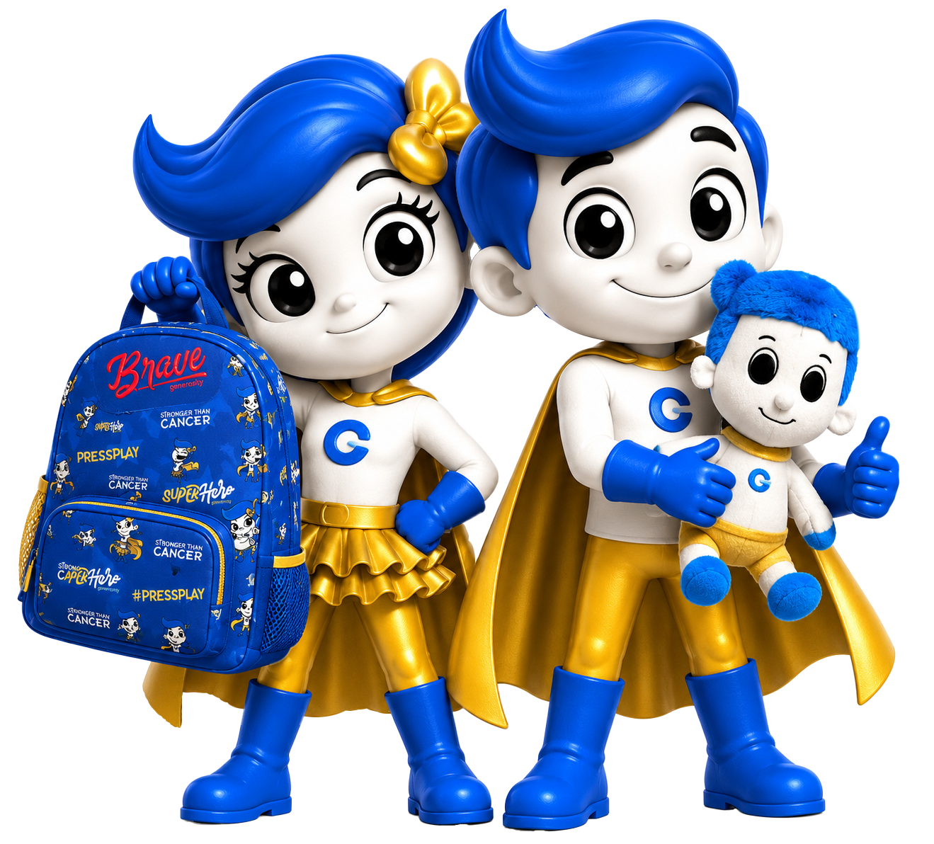 Gamerosity mascots — two cheerful superheroes with yellow capes