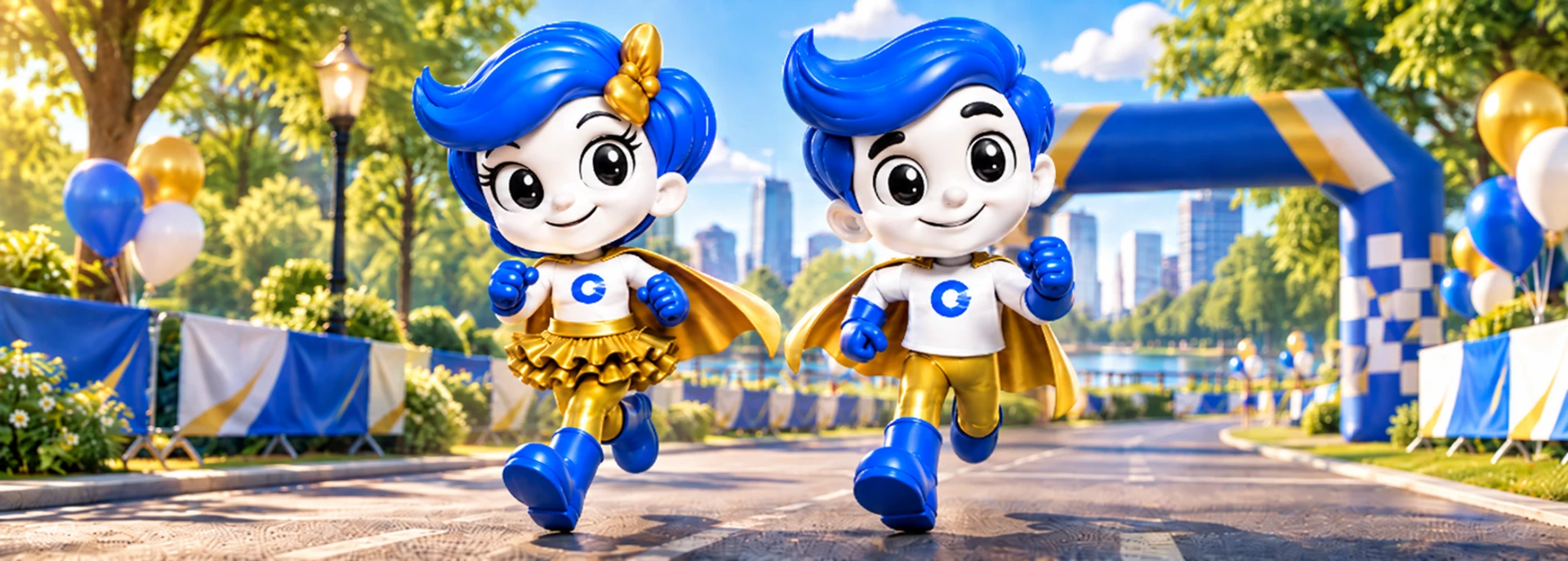Two Gamerosity superhero mascots in gold capes running toward a finish line arch in a sunny park.
