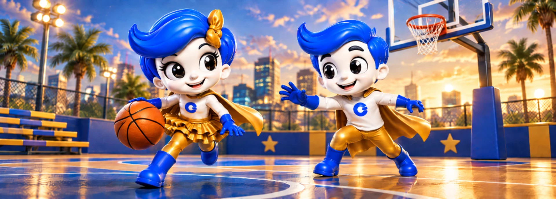 Gamerosity superhero mascots playing basketball on an outdoor court at sunset.