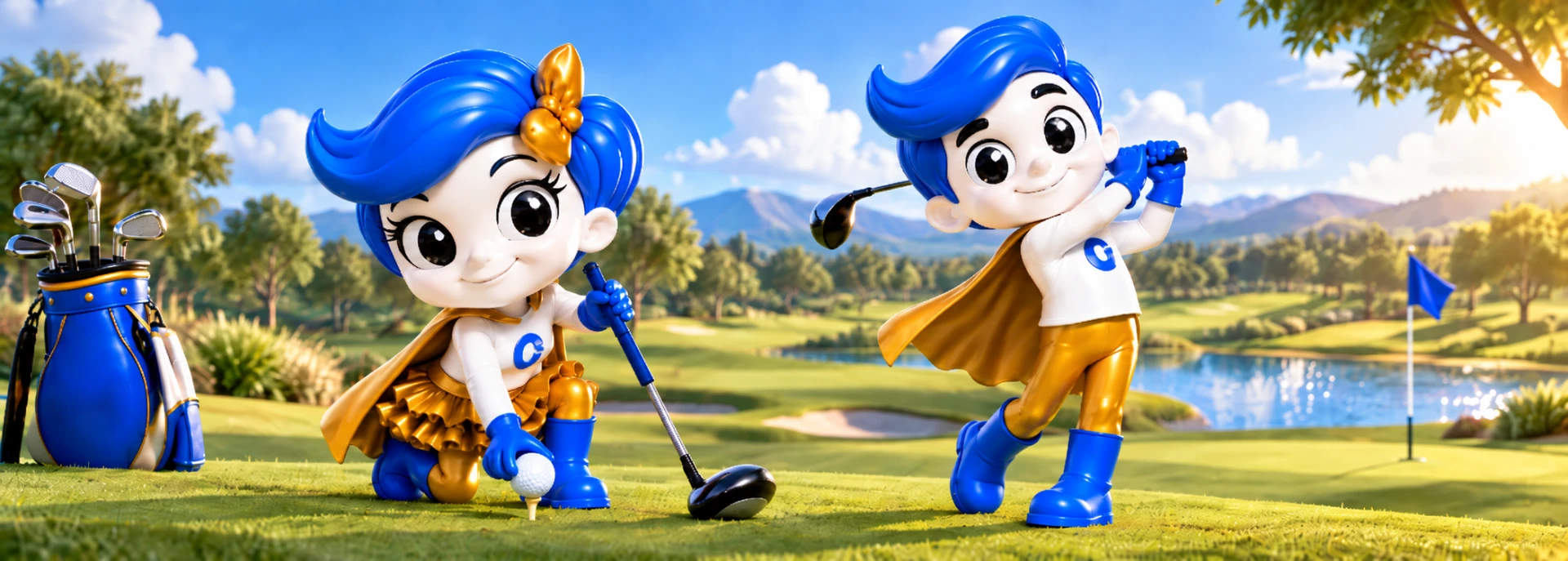 Gamerosity superhero mascots teeing off together on a sunny golf course.